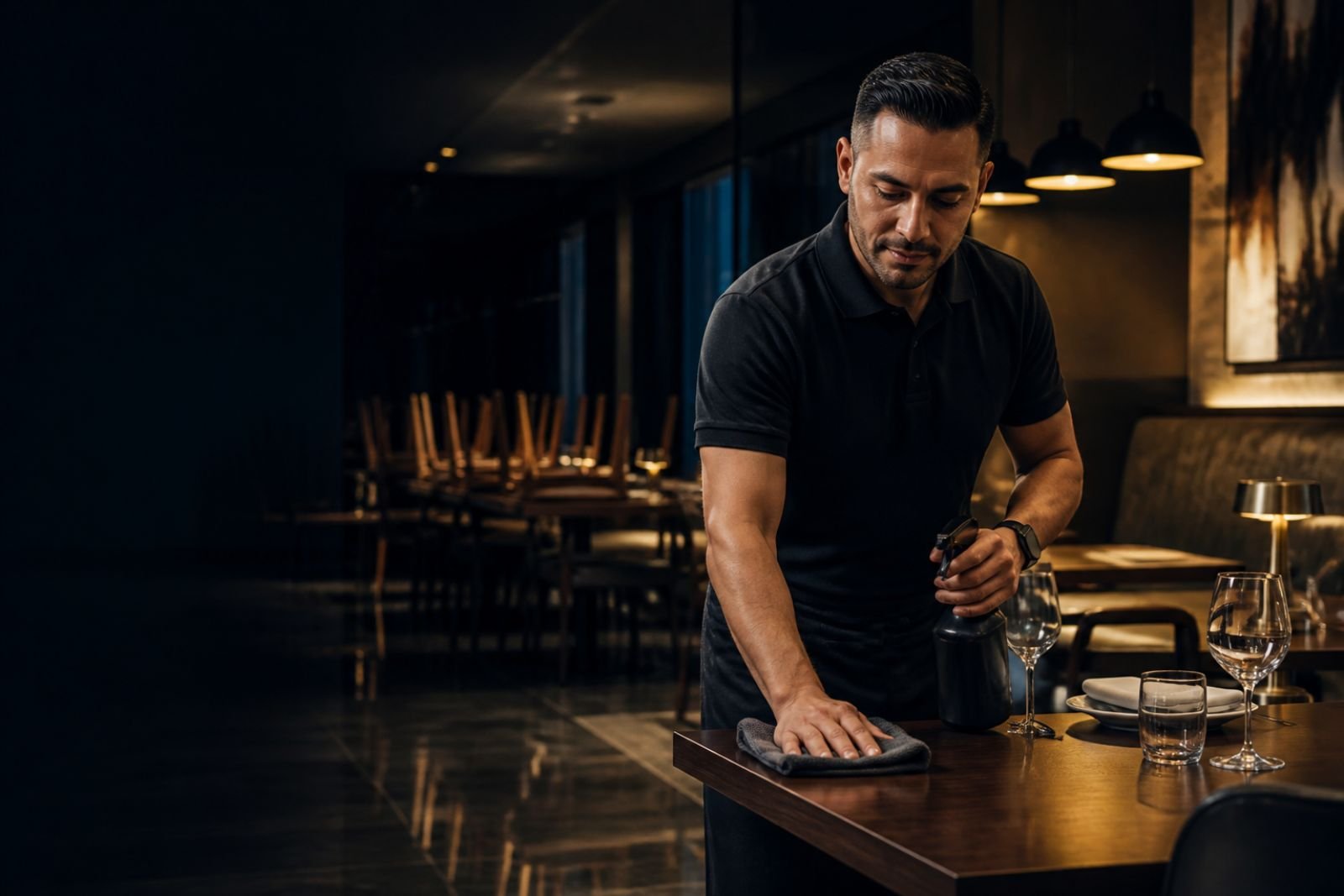 Nelson Business Cleaning team member resetting a restaurant dining table after service