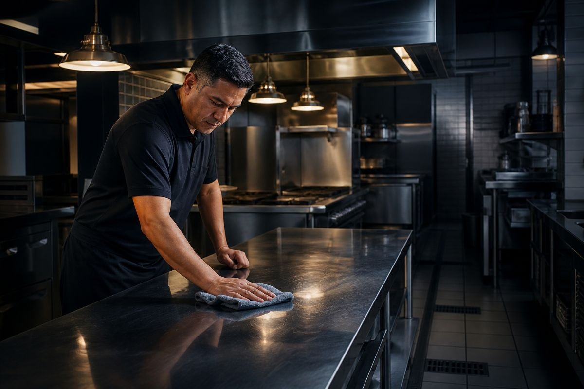 Cleaner detailing a stainless steel prep surface in a restaurant kitchen after closing