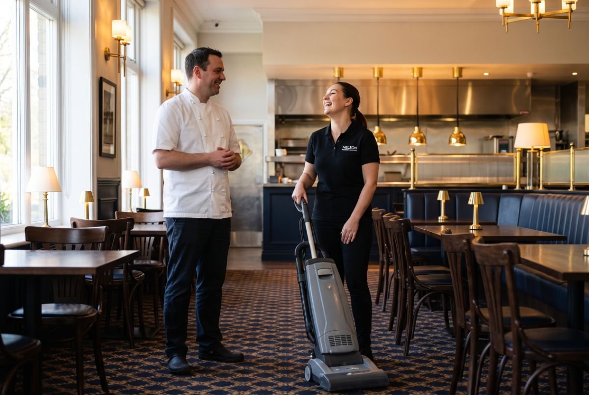 Nelson Business Cleaning crew member vacuuming a restaurant dining room while talking with the manager during a free walkthrough